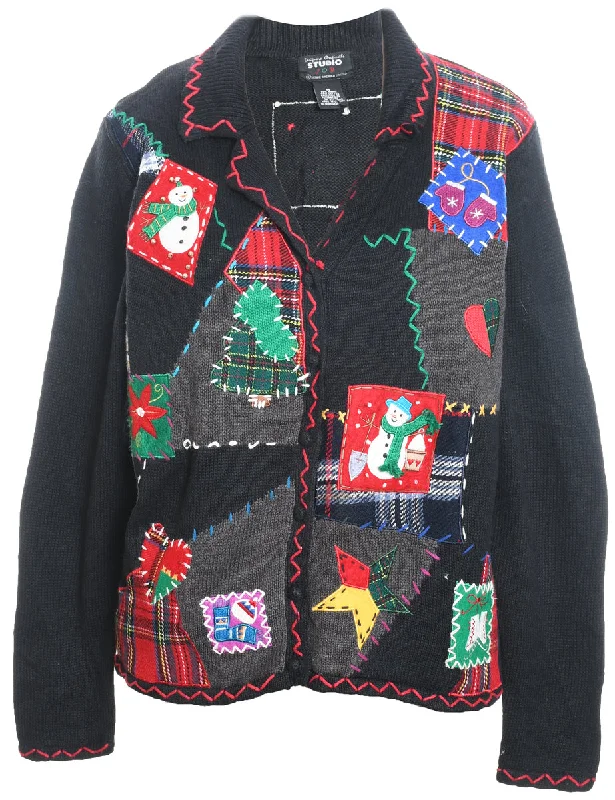 Can't Miss Black Embroidered Button-Front Christmas Cardigan  - M