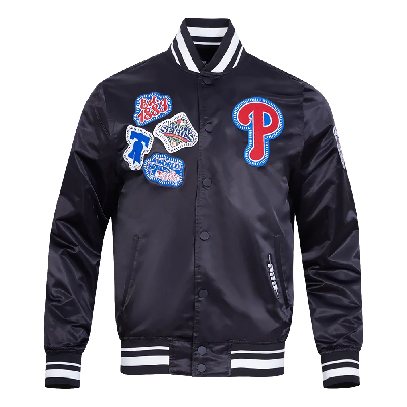 MLB PHILADELPHIA PHILLIES DIY PICK STITCH MEN'S RIB SATIN JACKET (BLACK)