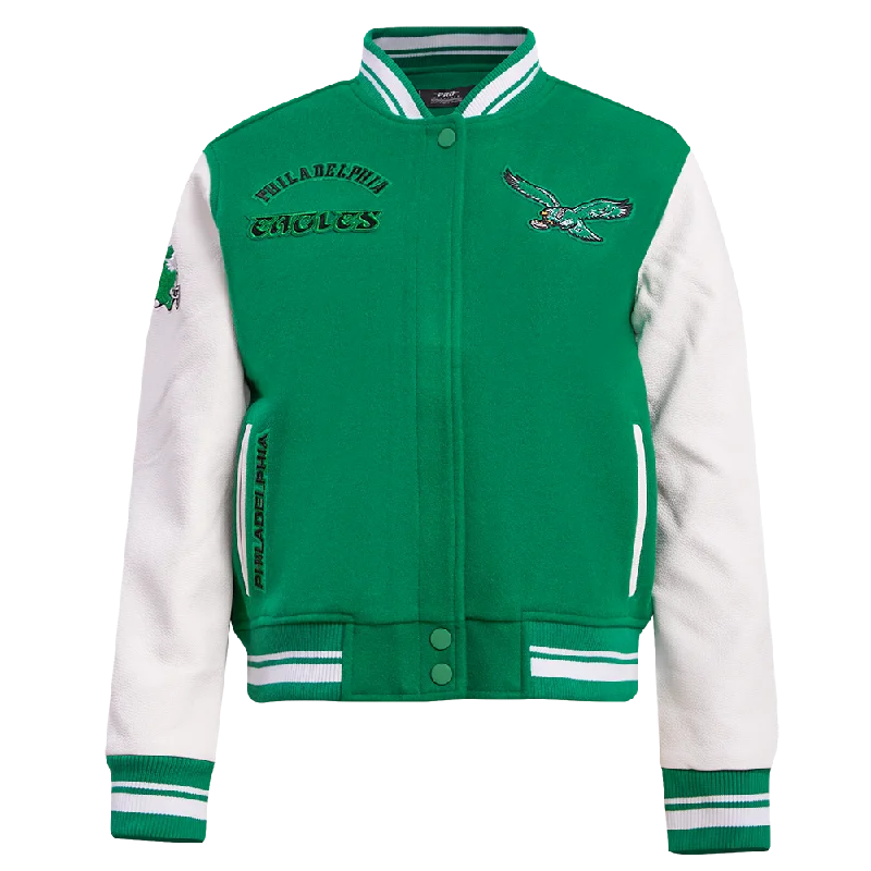Quick Sale NFL PHILADELPHIA EAGLES RETRO CLASSIC WOMEN'S RIB WOOL VARSITY JACKET (KELLY GREEN/WHITE) Quick Sale NFL PHILADELPHIA EAGLES RETRO CLASSIC WOMEN'S RIB WOOL VARSITY JACKET (KELLY GREEN/WHITE)