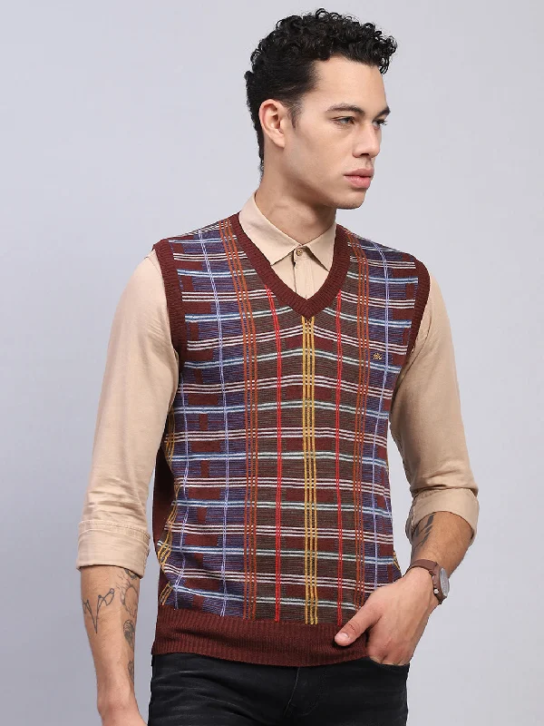 Savings Soar This Weekend Men Rust Self Design V Neck Sleeveless Sweater