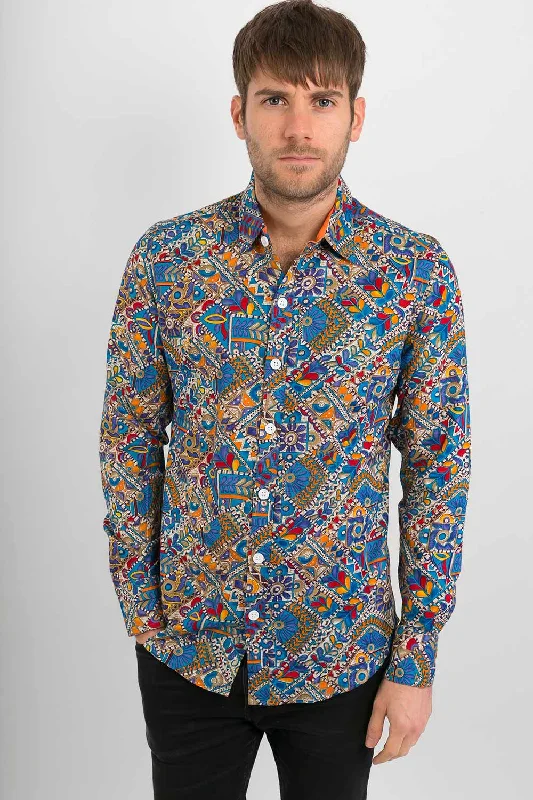 Hurry In Blue Multi Coloured  Print Cotton Slim Fit Mens Shirt Long Sleeve