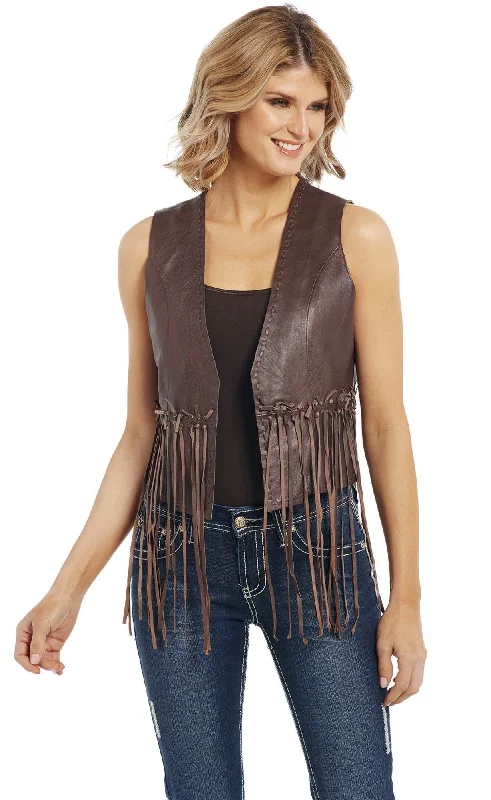 Special Discount Cripple Creek Womens Antique Brown Lamb Leather Knotted Fringe Vest