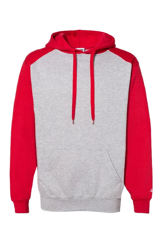 Can't Beat Badger Mens Athletic Fleece Hooded Sweatshirt Hoodie w/ Pouch Pocket - Oxford Grey/Red - Closeout