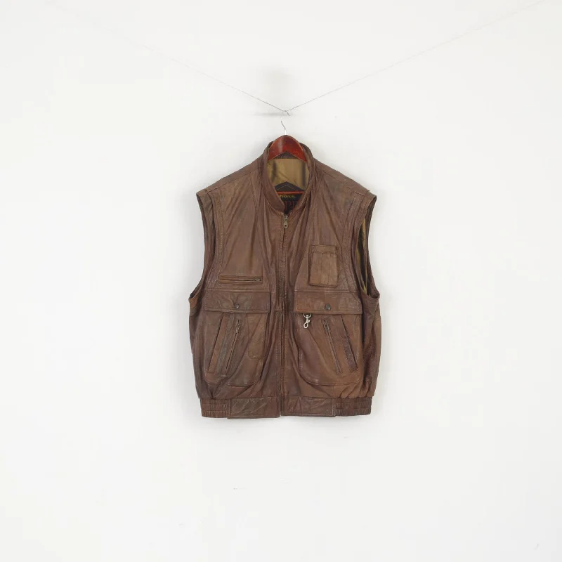 Original Trapper Men XL Waistcoat Brown Leather Vintage Multi Pockets Zip Up Vest