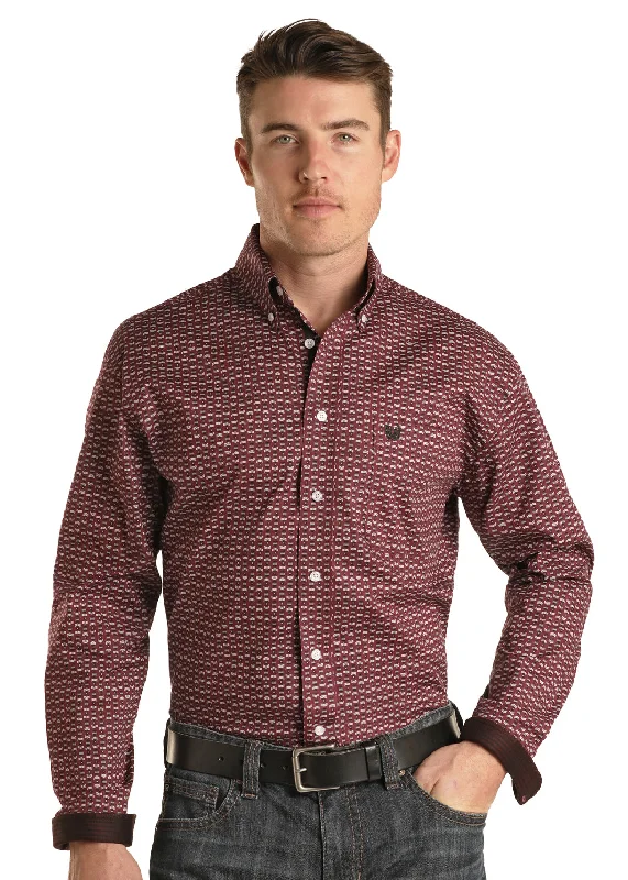 New Deals PANHANDLE BURGUNDY GEO PRINT LONG SLEEVE SHIRT