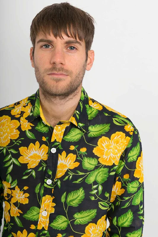 Final Markdown Yellow Black Flowers Print Lightweight Cotton Slim Fit Mens Shirt Long Sleeve