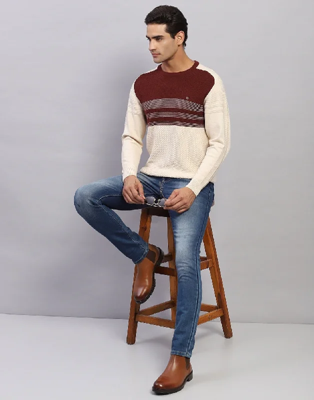 Daily Special Men Off White Self Design Round Neck Full Sleeve Pullover