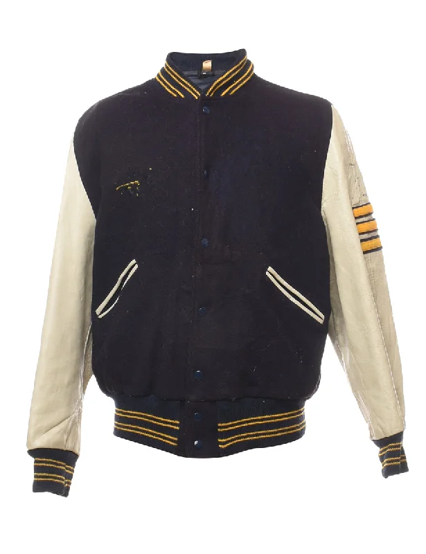 Black, Yellow & Off-White Hylanders Embroidered Varsity Jacket - L