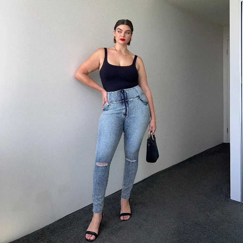 Season Finale Sale WR.UP® Snug Curvy Ripped Jeans - High Waisted - Full Length - Blue Stonewash + Yellow Stitching
