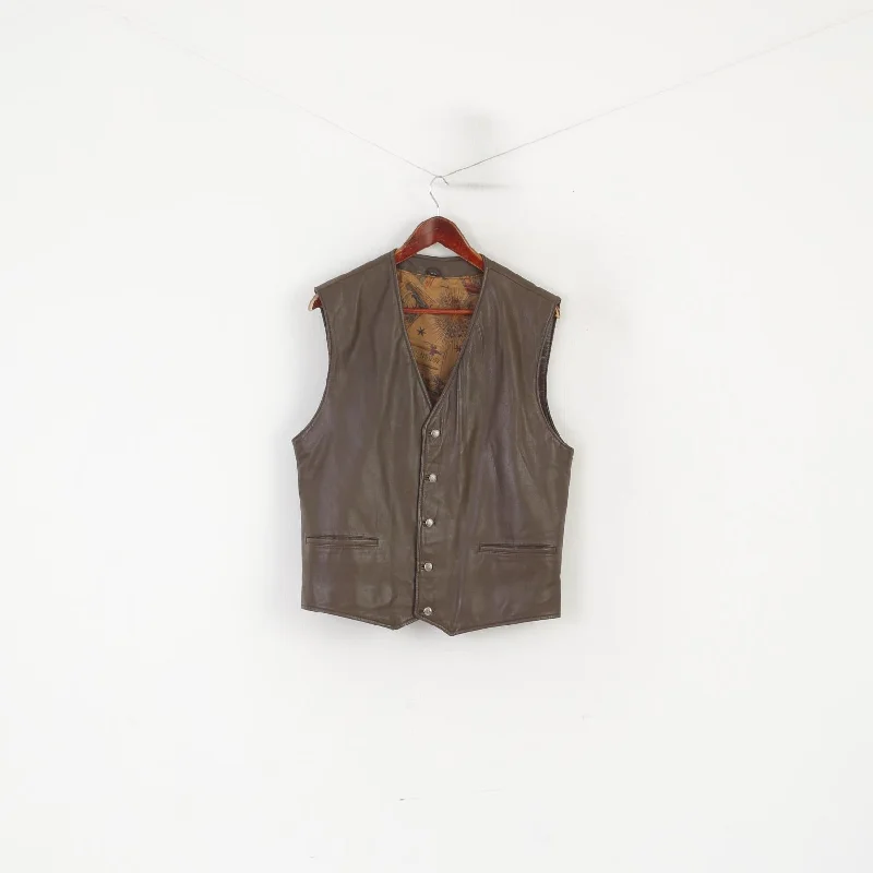 Vintage Men 48 M Waistcoat Brown Leather Leder Buttoned Delrey Retro Vest