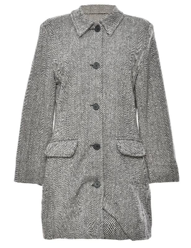 Unmissable Offer Black & Light Grey Herringbone Tweed Wool Coat - L