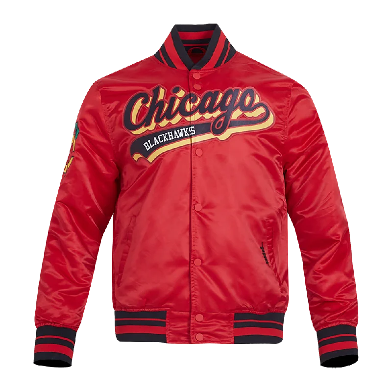 Holiday Sale NHL CHICAGO BLACKHAWKS SCRIPT TAIL MEN'S RIB SATIN JACKET (RED/BLACK) Holiday Sale NHL CHICAGO BLACKHAWKS SCRIPT TAIL MEN'S RIB SATIN JACKET (RED/BLACK)