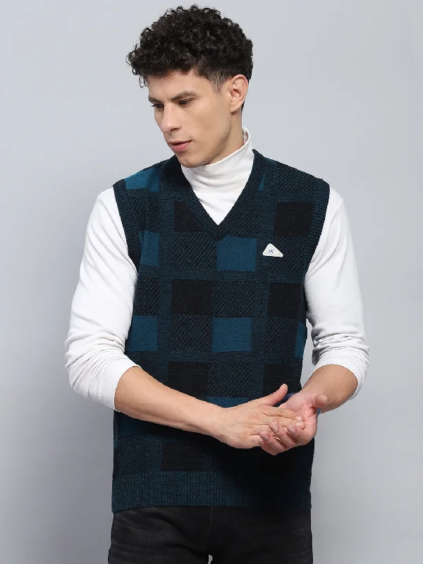 Final Clearance Men Navy Blue Self Design V Neck Sleeveless Sweater