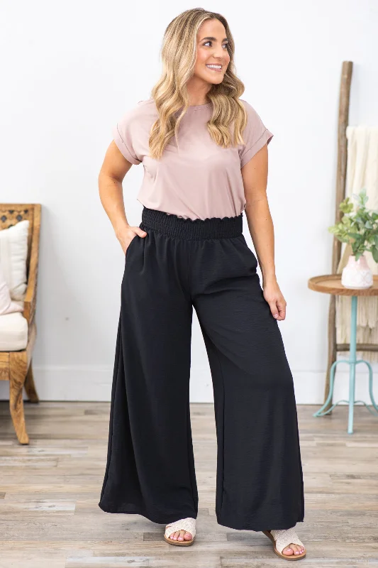 Must-Have Deals Black Smocked Waist Woven Air Flow Pants