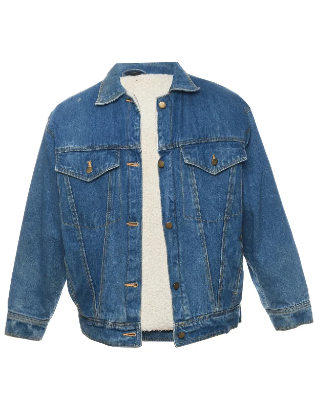 Button Front Shearling Denim Jacket - L