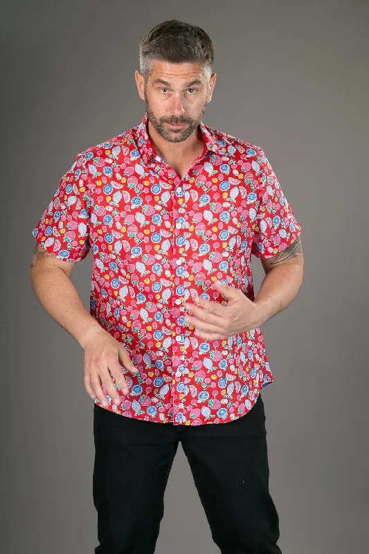 Friends and Family Sale Fruits on Red Print Cotton Slim Fit Mens Shirt Short Sleeve