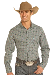 Super Deal ROCK & ROLL TURQUOISE GEOMETRIC PRINT LONG SLEEVE SHIRT