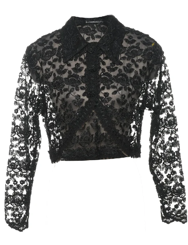 Weekend Discounts to Relish Beaded Black Sheer Floral Evening Jacket - M