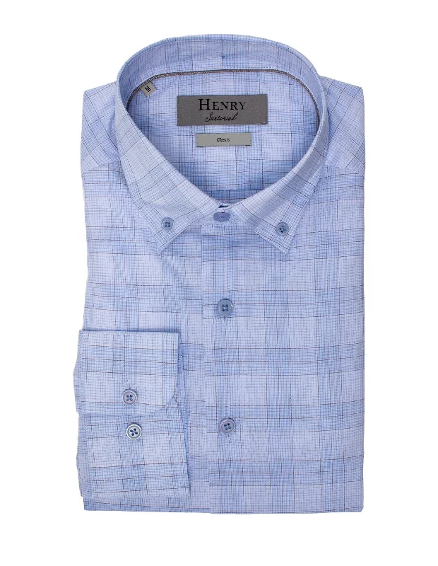 Closeout Sale HENRY SARTORIAL Casual Micro Check Shirt BLUE/BROWN