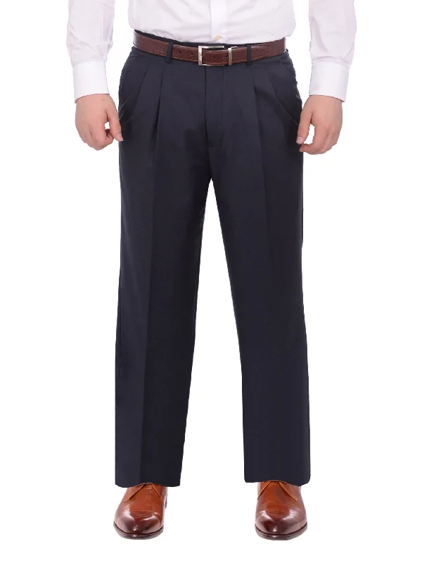 The Best Prices Armanno Uomo Regular Fit Solid Navy Blue Double Pleated Unhemmed Dress Pants