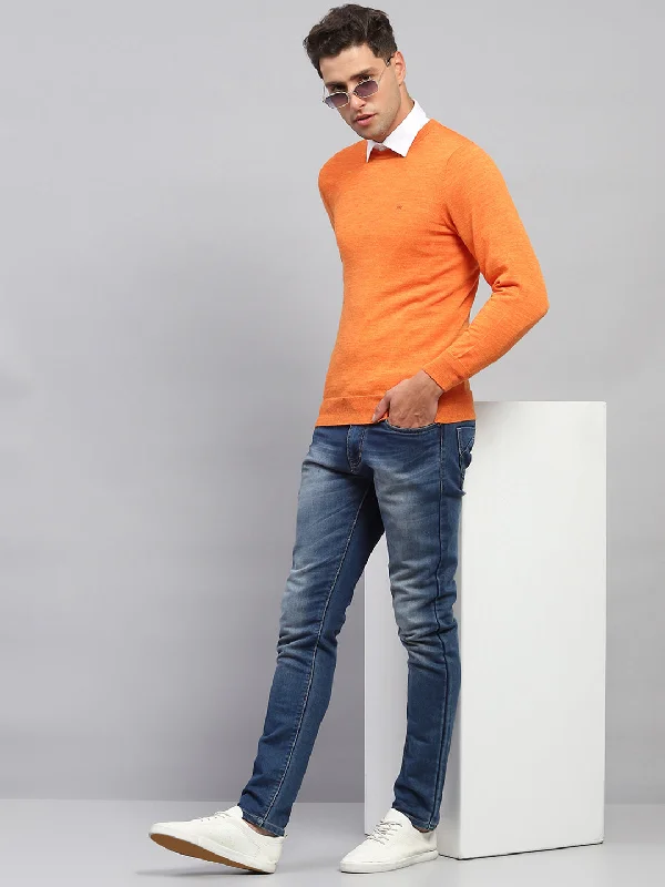 Friends and Family Sale Men Orange Solid Round Neck Full Sleeve Pullover