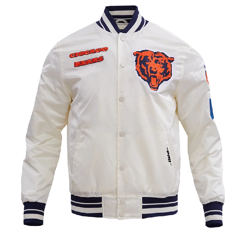 Act Now NFL CHICAGO BEARS RETRO CLASSIC MEN'S RIB SATIN JACKET (EGGSHELL/ MIDNIGHT NAVY)