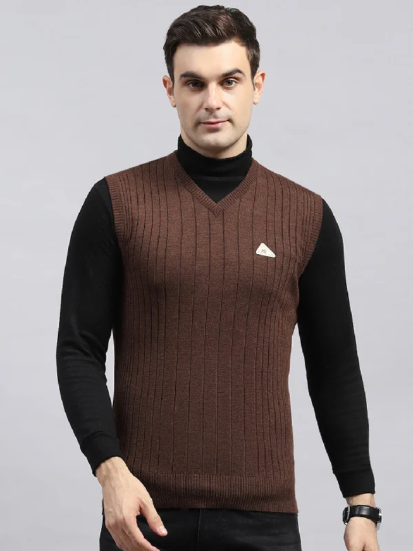 Price Blitz Men Brown Solid V Neck Sleeveless Sweater