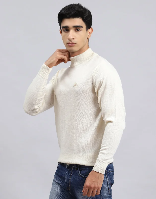 Seasonal Clearance Men Cream Solid Turtle Neck Full Sleeve Pullover