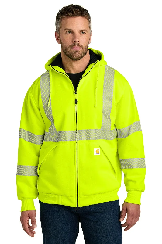 Quick Deals Carhartt Mens ANSI 107 Class 3 Water Resistant Full Zip Hooded Sweatshirt Hoodie w/ Pockets - Bright Lime Green - New
