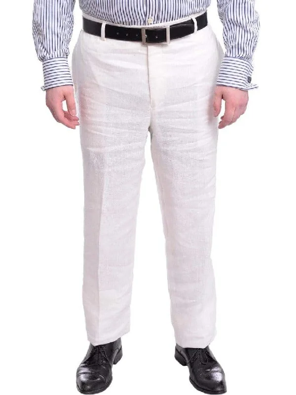 Super Deal Ascott Browne Regular Fit Solid Ivory Flat Front Linen Dress Pants