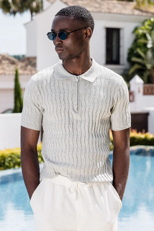 Don't Miss Capo Egyptian Cotton DIAMOND SS Zip Polo Shirt - Stone