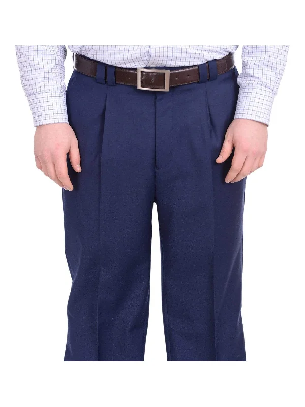 Unmissable Offer Steven Land Classic Fit Solid French Navy Blue Pleated Wide Leg Wool Dress Pants