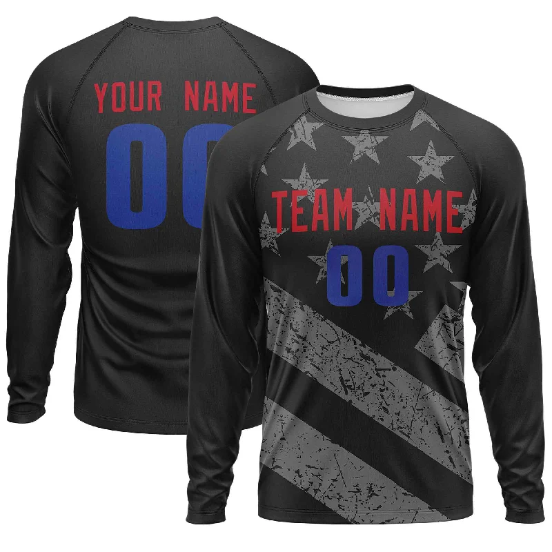 Fantastic Offers Custom Black Red-Royal Personalized American Flag Design Long Sleeve Performance T-shirt