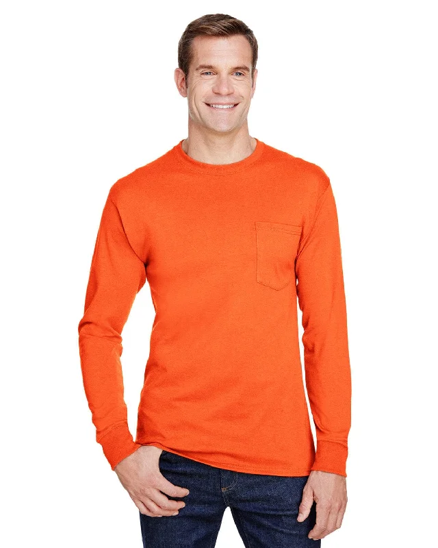 Hanes Workwear Long Sleeve Pocket T-Shirt | Safety Orange