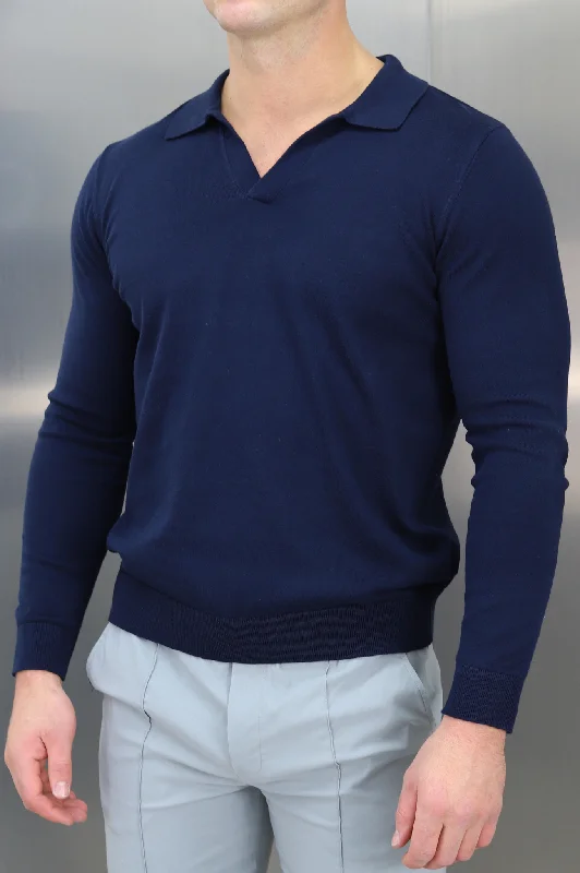 YEAR-End Clearance Capo Egyptian Cotton Cuban Collar LS Polo Shirt - Navy