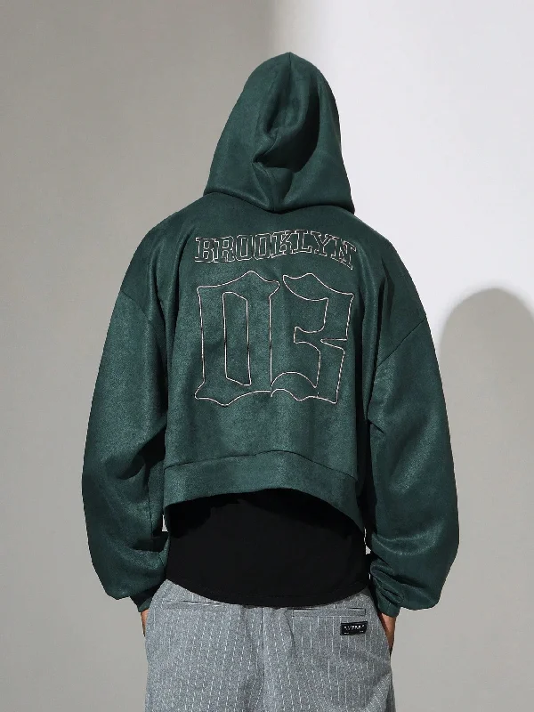 Savings Bonanza Crop Fit Suedette Overhead Hoodie With Embroidery Pattern