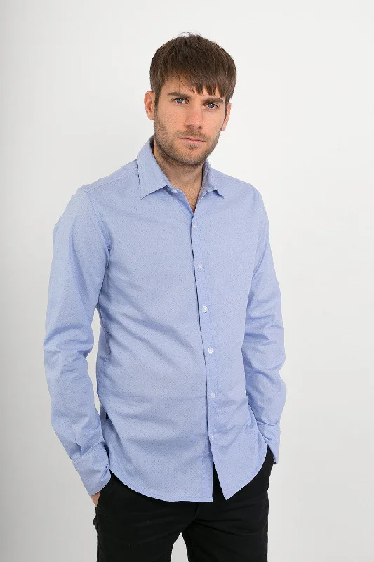 Clearance Sale Light Blue with Blue Dots Print Cotton Slim Fit Mens Shirt Long Sleeve