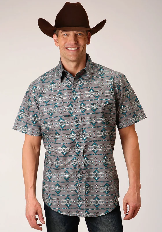 Price Meltdown Roper Mens 1484 Geometric Aztec Grey 100% Cotton S/S Shirt