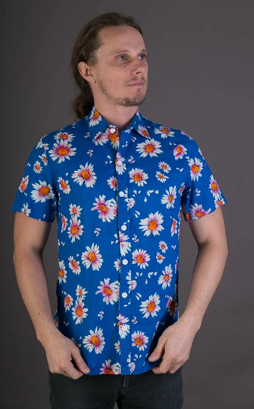 Discount Extravaganza Blue Floral Print Cotton Slim and Regular Fit Mens Shirt Short Sleeve