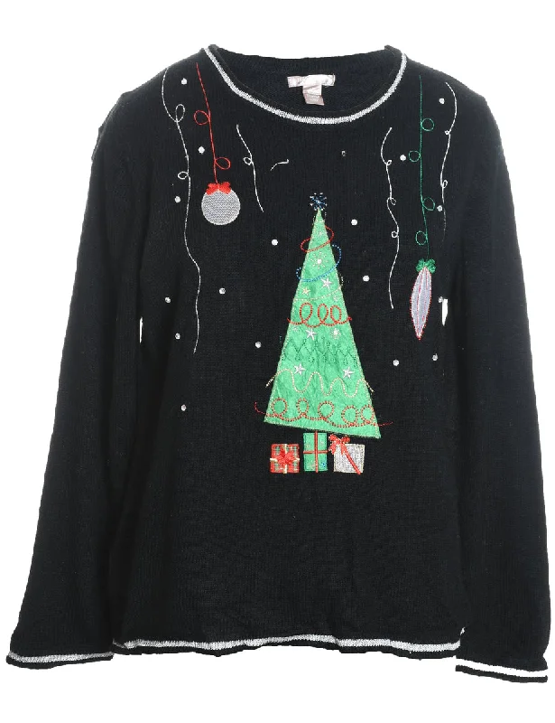 Weekend Specials to Cherish Black Christmas Tree Design Jumper - L