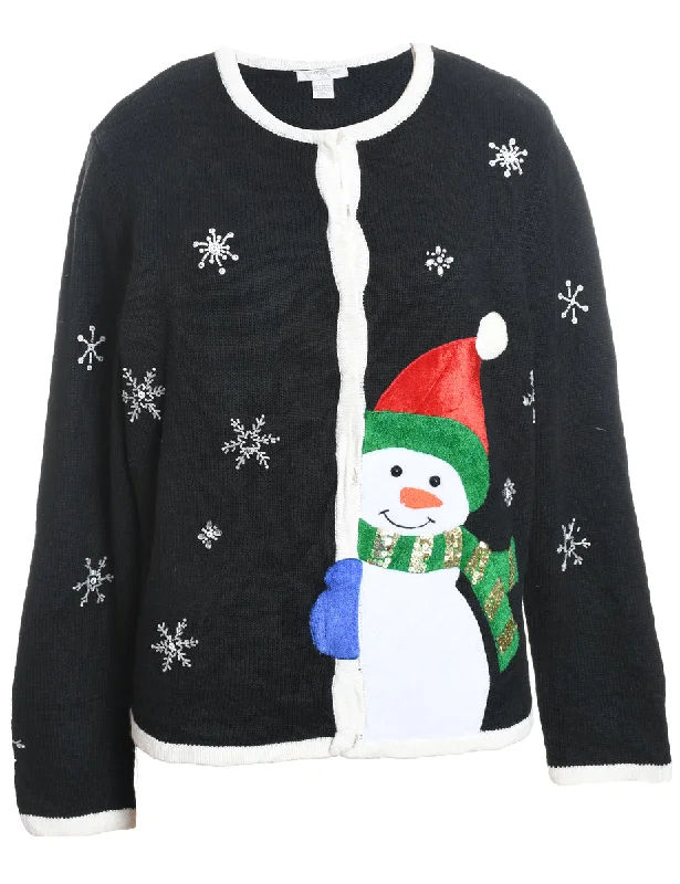 Massive Deal Black Appliqued Snowman Design Christmas Cardigan  - L