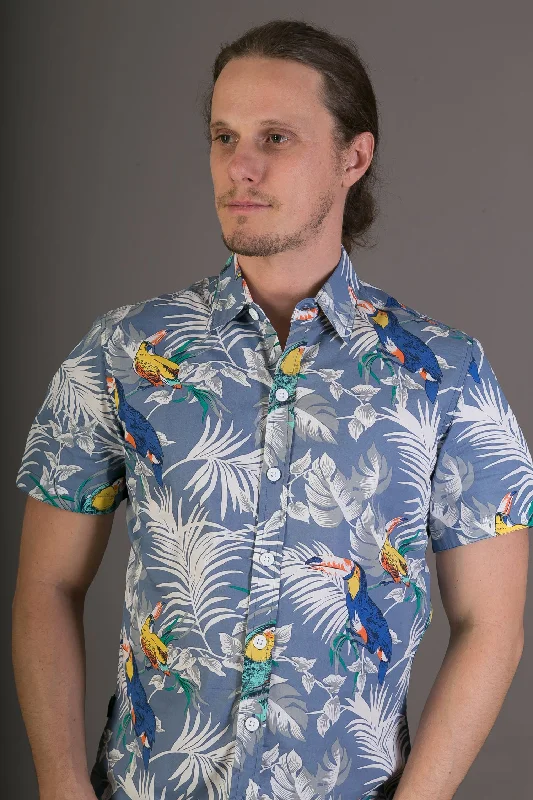 Blue Toucan Bird Tropical Print Cotton Slim Fit Mens Shirt Short Sleeve