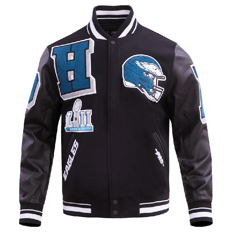 Price Cut NFL PHILADELPHIA EAGLES MASHUP MEN'S RIB WOOL VARSITY JACKET (BLACK)