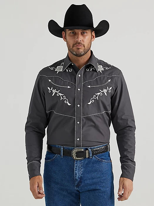 Members Only WRANGLER RODEO BEN GREY EMBROIDERED SNAP LONG SLEEVE SHIRT