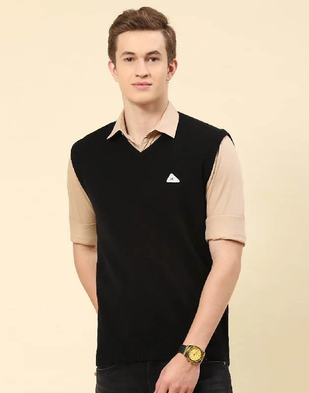 Flash Deals Men Black Solid V Neck Sleeveless Sweater