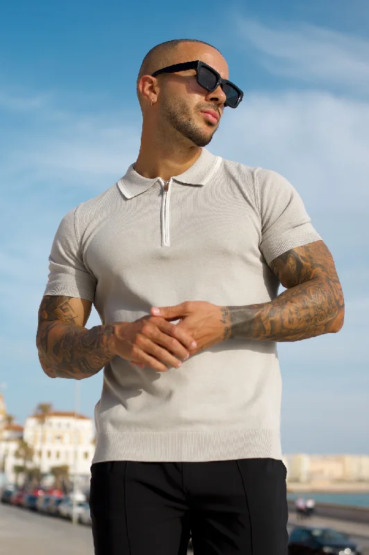 Closeout Capo Egyptian Cotton Contrast Collar SS Zip Polo Shirt - Stone