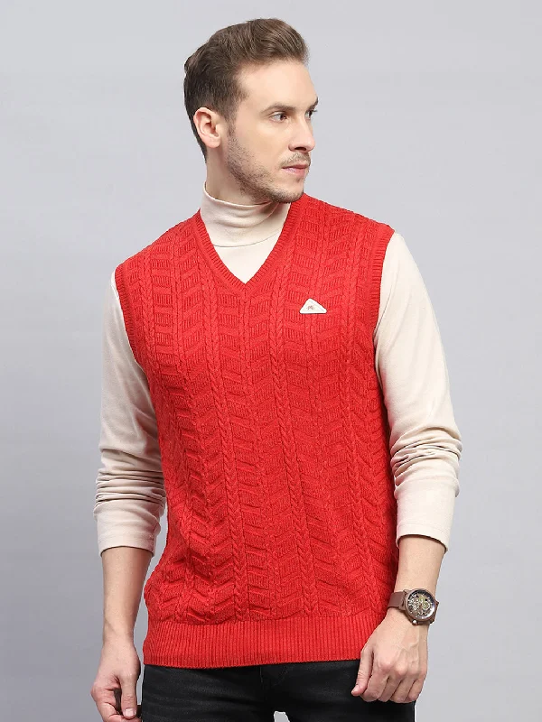 Weekend Offers That Dazzle Men Red Self Design V Neck Sleeveless Sweater