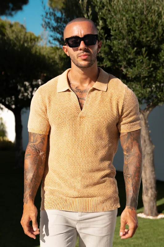 Act Now Capo ACID Wash Cuban Polo Shirt - Golden Sand
