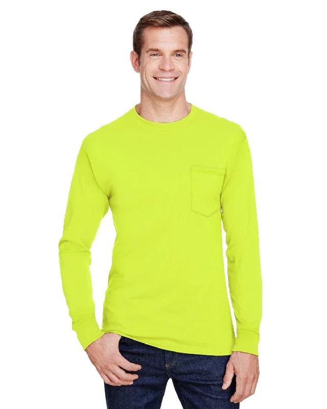 Hanes Workwear Long Sleeve Pocket T-Shirt | Safety Green