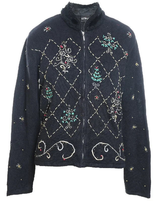 Black Zip-Front Embroidered Christmas Cardigan  - M